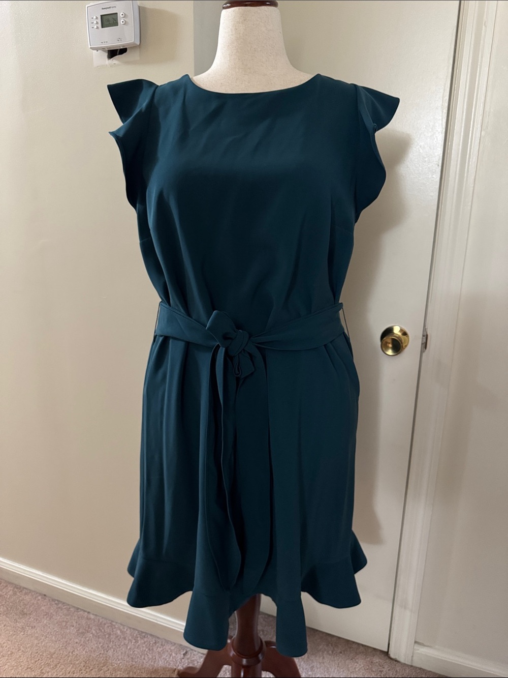 LOFT Teal Tie-Waist Flutter Sleeve Midi Dress